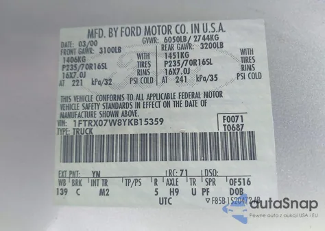 2000 Ford F-150 Lariat/Xl/Xlt from USA, damaged, VIN 1FTRX07W8YKB15359